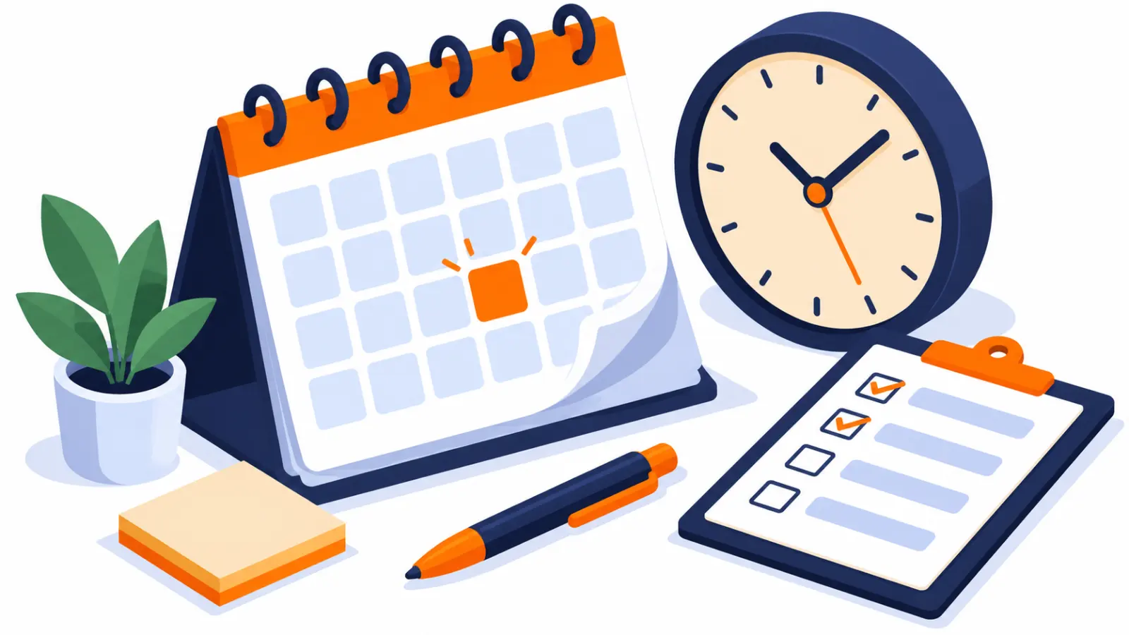 Página de calendário virando para um dia destacado, com relógio e checklist