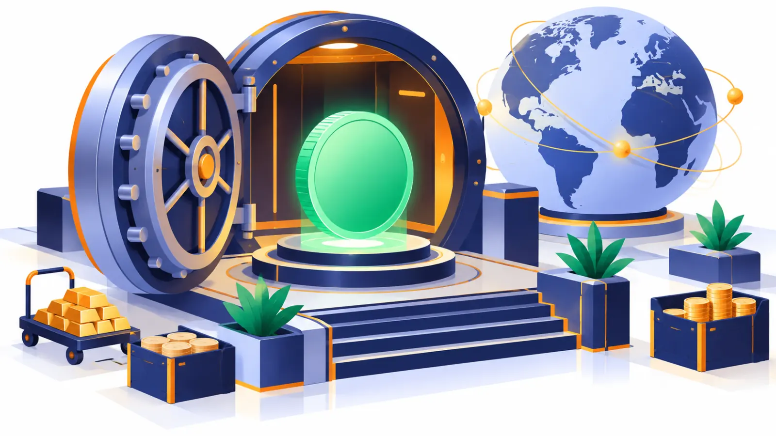 Cofre corporativo com moeda digital verde e globo ao fundo