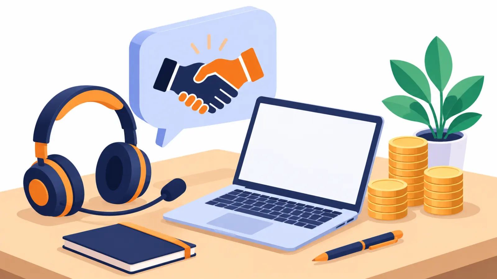 Fone de atendimento e balão de conversa sobre uma mesa com notebook e moedas