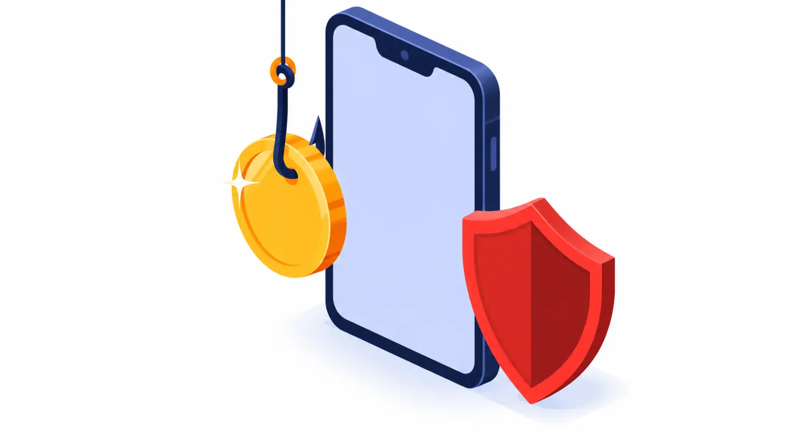 Anzol disfarçado de moeda dourada pendurado diante de um celular, com um escudo de alerta ao lado