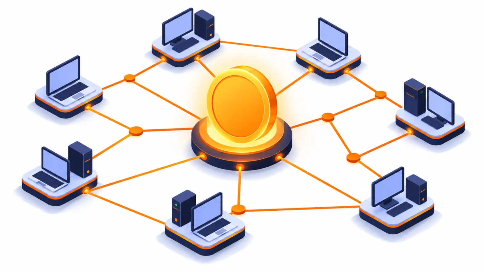 Moeda dourada no centro de uma rede de computadores ligados entre si, representando a rede do Bitcoin