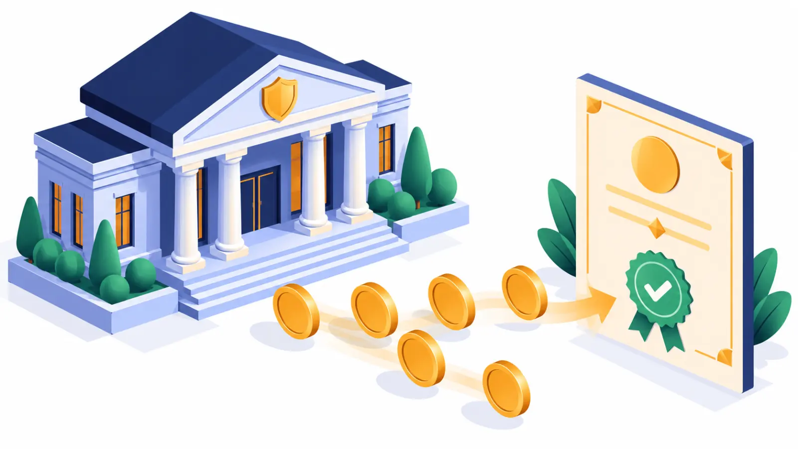 Prédio institucional moderno com colunas e um escudo, um certificado com selo e moedas em fila organizada