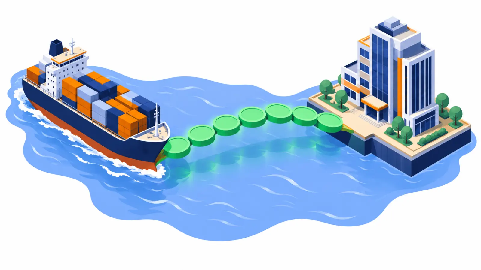 Navio de carga e prédio de escritórios ligados por uma ponte de moeda verde sobre o oceano
